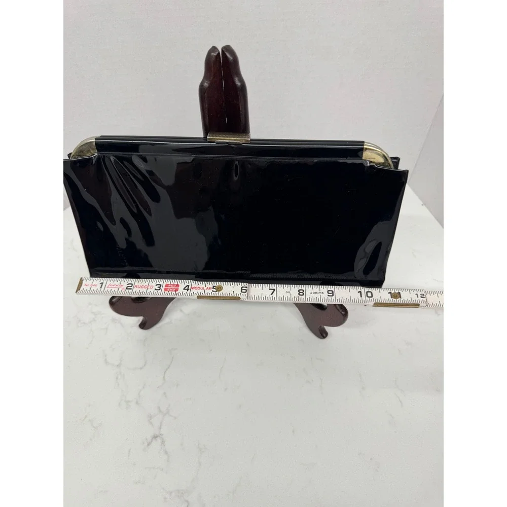 Vintage Black Patent Leather Clutch Gold Hardware Evening Bag with Chain Strap